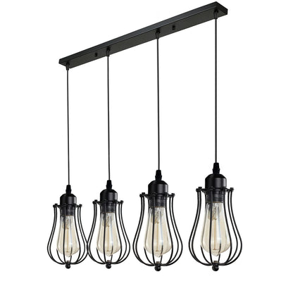 4-Light Cluster Pendant – Mesh Barrel, Tube, Box or Round Cages, E27 - Black, Round Cage Black, Without Bulb
