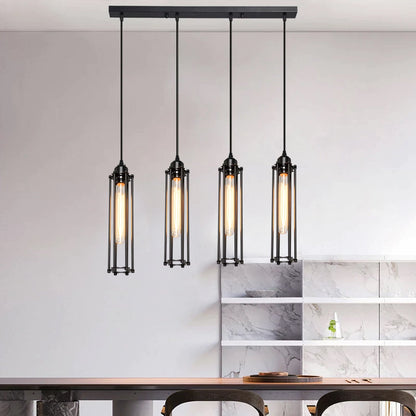 4-Light Cluster Pendant – Mesh Barrel, Tube, Box or Round Cages, E27 - Black, Tube Cage Black, Without Bulb