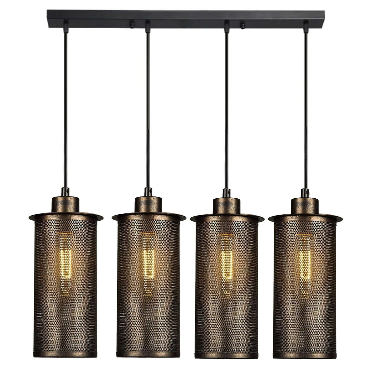 4-Light Cluster Pendant – Mesh Barrel, Tube, Box or Round Cages, E27 - Brushed Copper, Barrel Cage Brushed Copper, Without Bulb