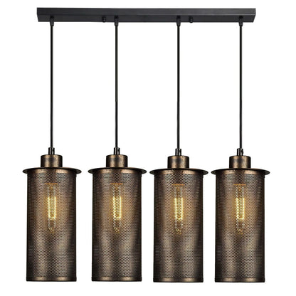 4-Light Cluster Pendant – Mesh Barrel, Tube, Box or Round Cages, E27 - Brushed Copper, Barrel Cage Brushed Copper, Without Bulb
