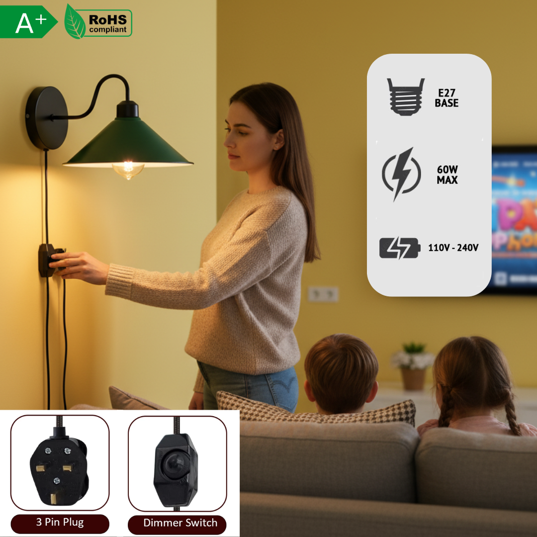 Plug-In Swan Neck Wall Light with Dimmer Switch – Black, Flat Cone Shade - photo 4
