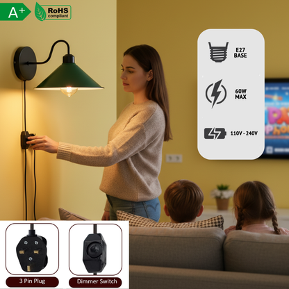 Plug-In Swan Neck Wall Light with Dimmer Switch – Black, Flat Cone Shade - photo 4