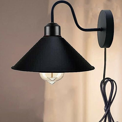 Plug-In Swan Neck Wall Light with Dimmer Switch – Black, Flat Cone Shade - Black, Flat Cone 22 cm Black, T45 LED Bulb 4W