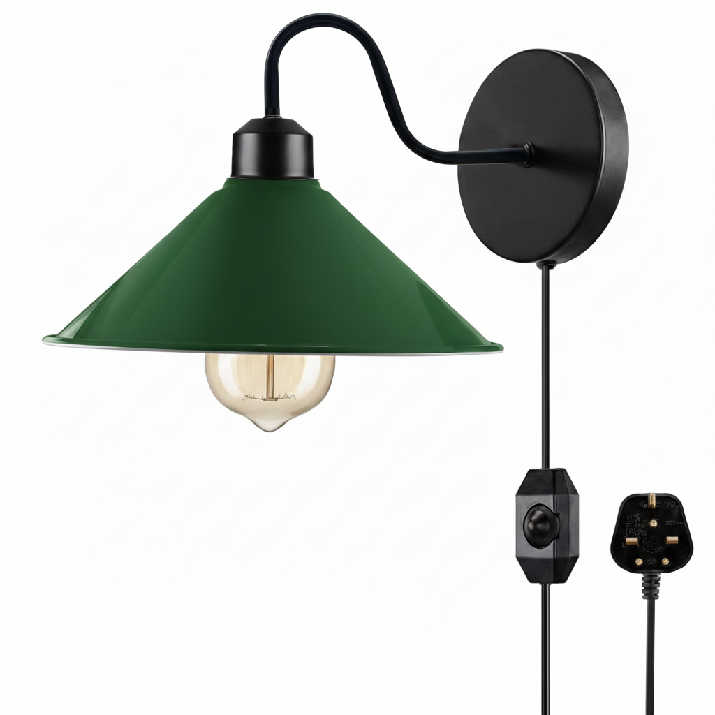 Plug-In Swan Neck Wall Light with Dimmer Switch – Black, Flat Cone Shade - Black, Flat Cone 22 cm Green, G95 LED Bulb 4W