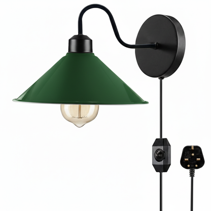 Plug-In Swan Neck Wall Light with Dimmer Switch – Black, Flat Cone Shade - Black, Flat Cone 22 cm Green, G95 LED Bulb 4W