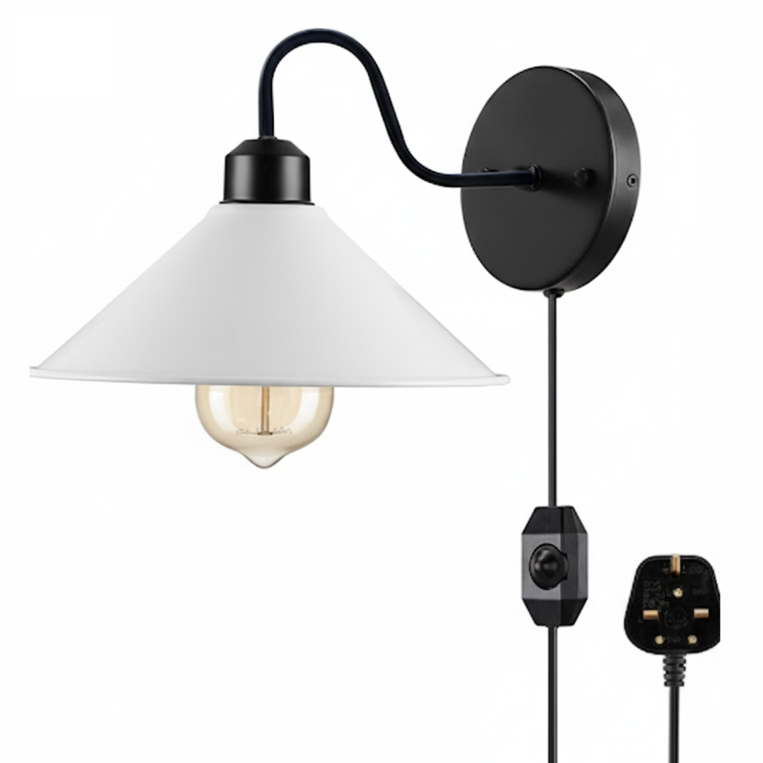 Plug-In Swan Neck Wall Light with Dimmer Switch – Black, Flat Cone Shade - Black, Flat Cone 22 cm White, Without Bulb