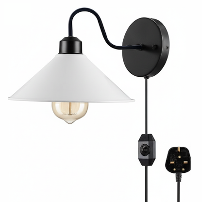 Plug-In Swan Neck Wall Light with Dimmer Switch – Black, Flat Cone Shade - Black, Flat Cone 22 cm White, Without Bulb