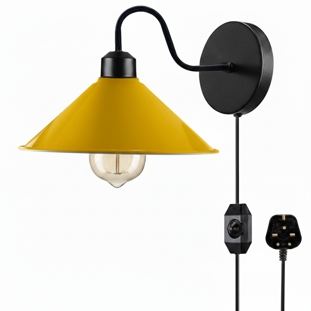 Plug-In Swan Neck Wall Light with Dimmer Switch – Black, Flat Cone Shade - Black, Flat Cone 22 cm Yellow, ST64 LED Bulb 8W