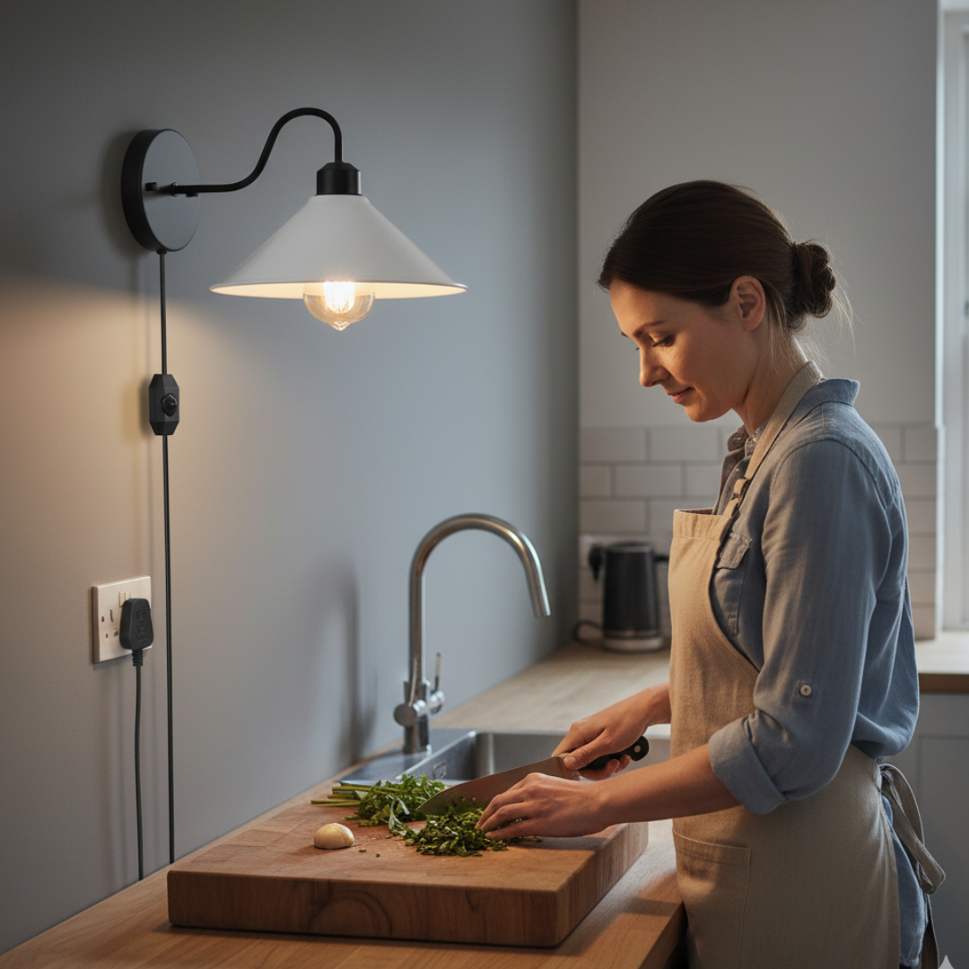 Plug-In Swan Neck Wall Light with Dimmer Switch – Black, Flat Cone Shade