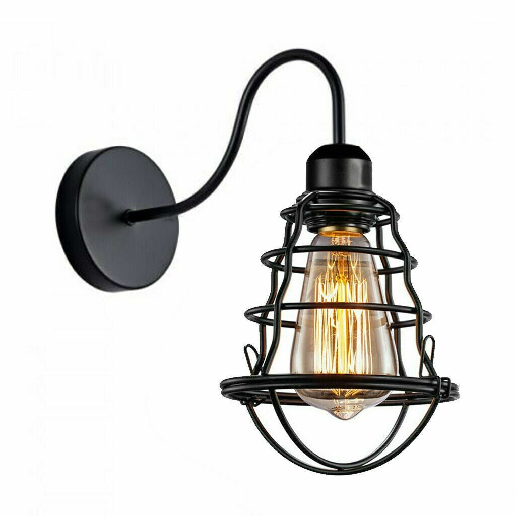 Industrial Swan Neck Wall Light Black with Shade – Flat, Small, Vintage Shades - Black, Cage Black, Without Bulb