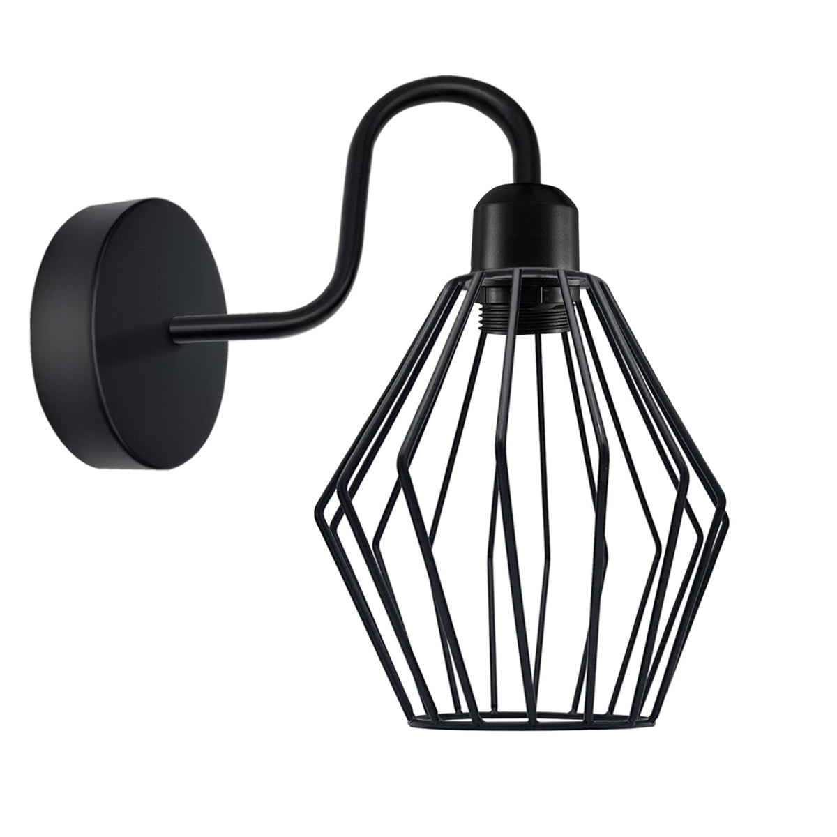 Industrial Swan Neck Wall Light Black with Shade – Flat, Small, Vintage Shades - Black, Diamond Cage Black, Without Bulb