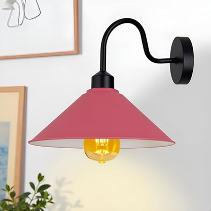 Industrial Swan Neck Wall Light Black with Shade – Flat, Small, Vintage Shades - Black, Flat Cone 22 cm Pink, Without Bulb