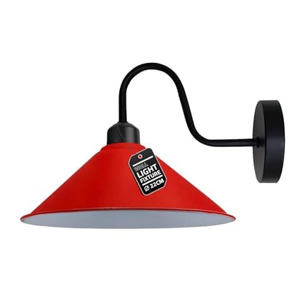 Industrial Swan Neck Wall Light Black with Shade – Flat, Small, Vintage Shades - Black, Flat Cone 22 cm Red, Hardwired, Without Bulb