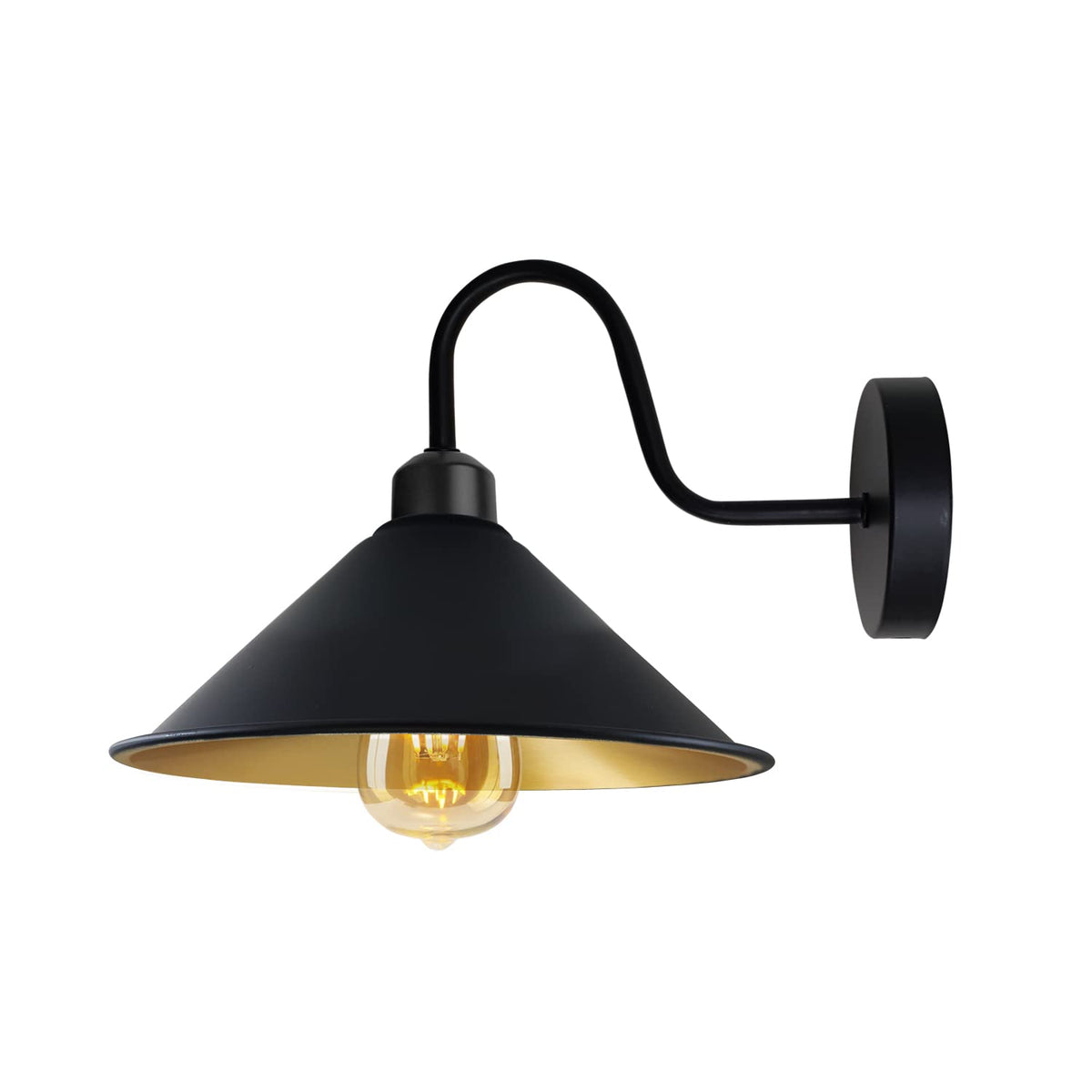 Industrial Swan Neck Wall Light Black with Shade – Flat, Small, Vintage Shades - Black, Flat Cone 22 cm Black & Gold, Without Bulb