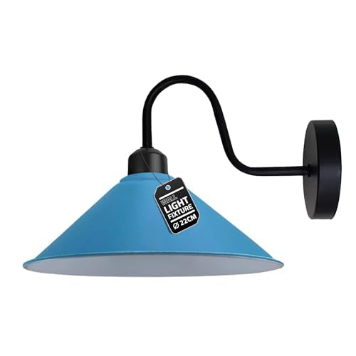 Industrial Swan Neck Wall Light Black with Shade – Flat, Small, Vintage Shades - Black, Flat Cone 22 cm Blue, Hardwired, Without Bulb