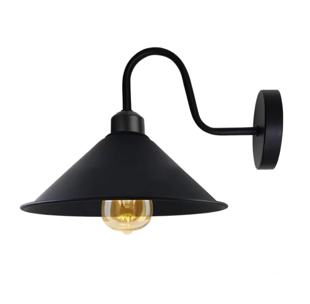 Industrial Swan Neck Wall Light Black with Shade – Flat, Small, Vintage Shades - Black, Flat Cone 22 cm Black, Hardwired, Without Bulb