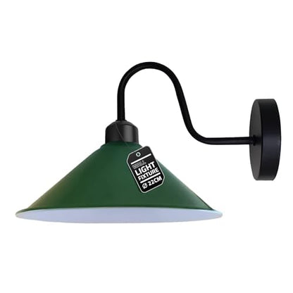 Industrial Swan Neck Wall Light Black with Shade – Flat, Small, Vintage Shades - Black, Flat Cone 22 cm Green, Hardwired, Without Bulb