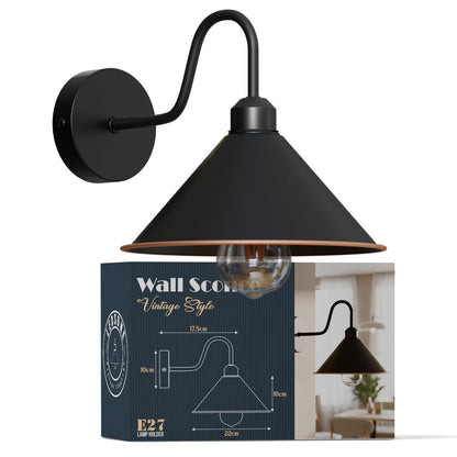 Industrial Swan Neck Wall Light Black with Shade – Flat, Small, Vintage Shades - Black, Flat Cone 22 cm Black & Gold Line, Without Bulb