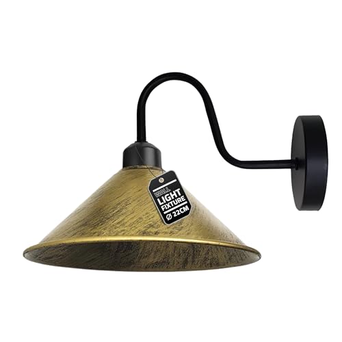 Industrial Swan Neck Wall Light Black with Shade – Flat, Small, Vintage Shades - Black, Flat Cone 22 cm Brushed Brass, Without Bulb