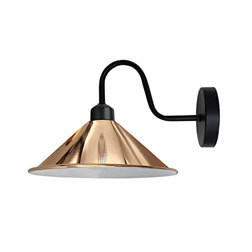 Industrial Swan Neck Wall Light Black with Shade – Flat, Small, Vintage Shades - Black, Flat Cone 22 cm Rose Gold, Without Bulb