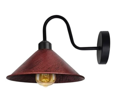 Industrial Swan Neck Wall Light Black with Shade – Flat, Small, Vintage Shades - Black, Flat Cone 22 cm Rustic Red, Without Bulb