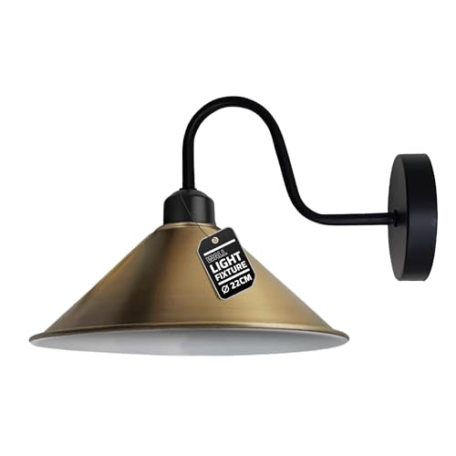 Industrial Swan Neck Wall Light Black with Shade – Flat, Small, Vintage Shades - Black, Flat Cone 22 cm Yellow Brass, Without Bulb
