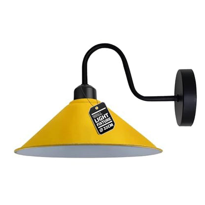 Industrial Swan Neck Wall Light Black with Shade – Flat, Small, Vintage Shades - Black, Flat Cone 22 cm Yellow, Hardwired, Without Bulb