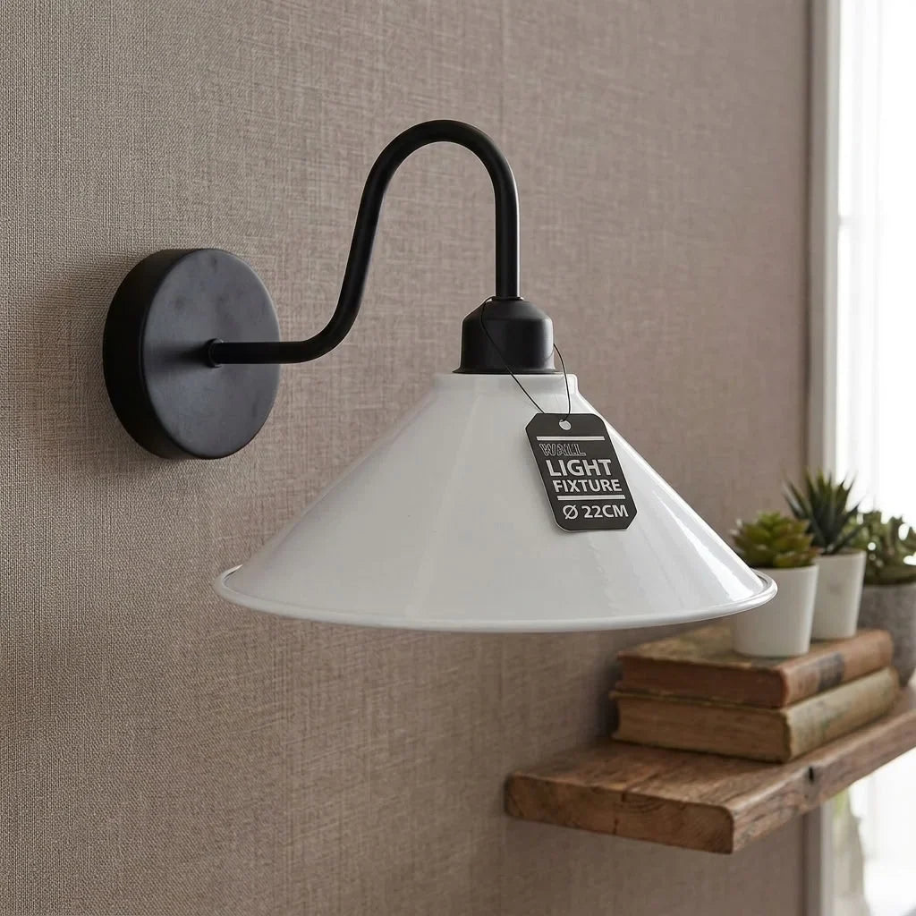 Industrial Swan Neck Wall Light Black with Shade – Flat, Small, Vintage Shades - Black, Flat Cone 22 cm White, Hardwired, Without Bulb