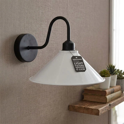 Industrial Swan Neck Wall Light Black with Shade – Flat, Small, Vintage Shades - Black, Flat Cone 22 cm White, Hardwired, Without Bulb