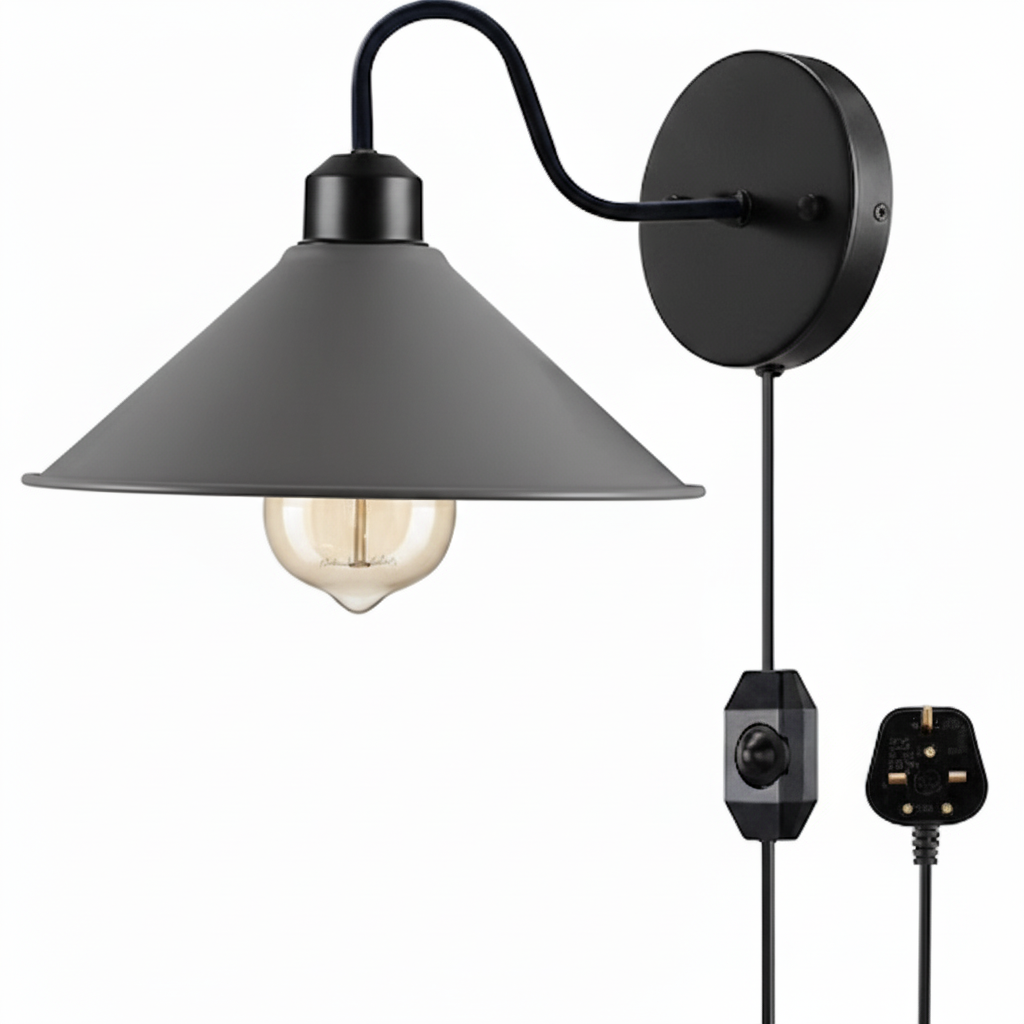 Industrial Swan Neck Wall Light Black with Shade – Flat, Small, Vintage Shades - Black, Flat Cone 22 cm Grey, Plug-in, 2 m Dimmer Cord, Without Bulb