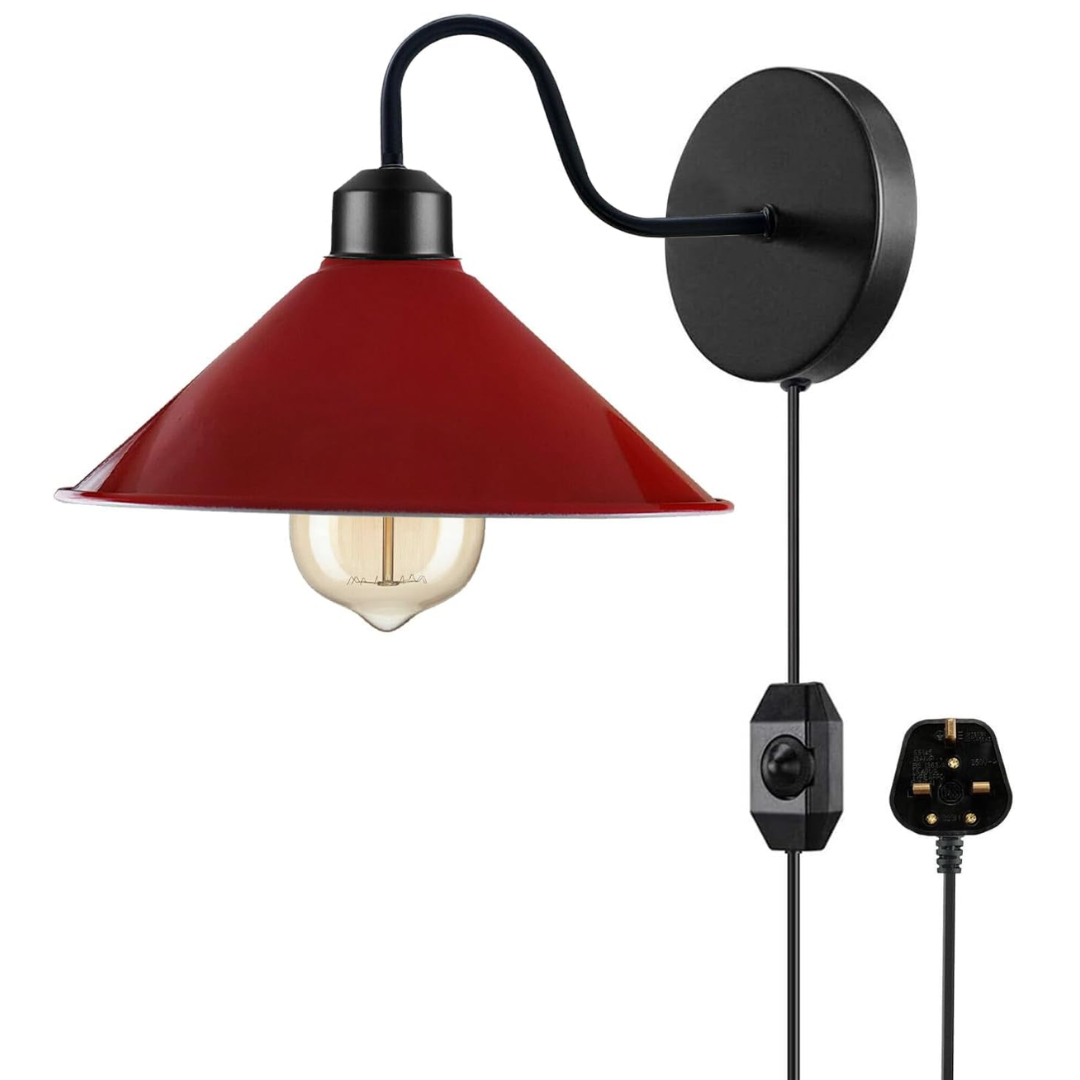 Industrial Swan Neck Wall Light Black with Shade – Flat, Small, Vintage Shades - Black, Flat Cone 22 cm Red, Plug-in, 2 m Dimmer Cord, Without Bulb