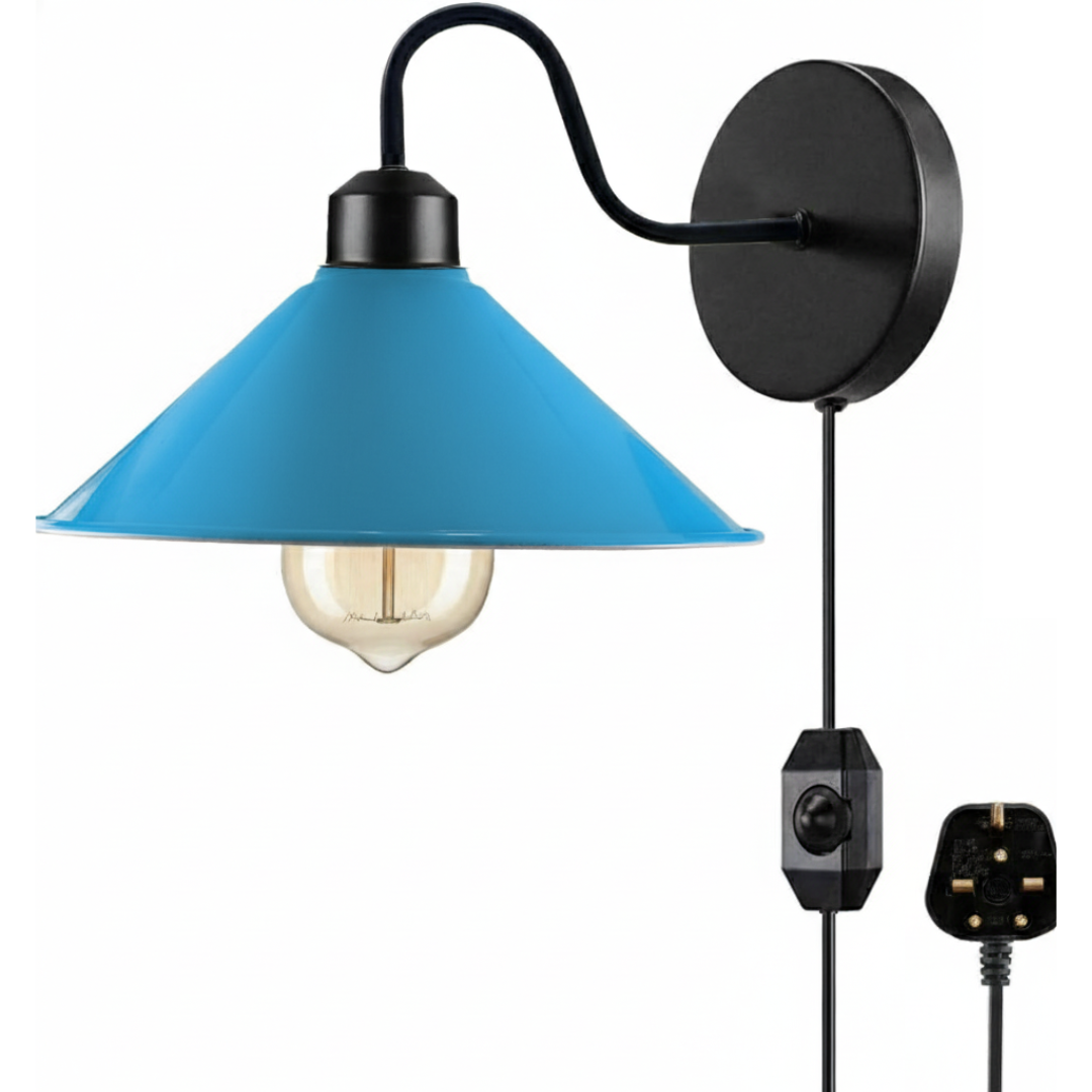Industrial Swan Neck Wall Light Black with Shade – Flat, Small, Vintage Shades - Black, Flat Cone 22 cm Blue, Plug-in, 2 m Dimmer Cord, Without Bulb