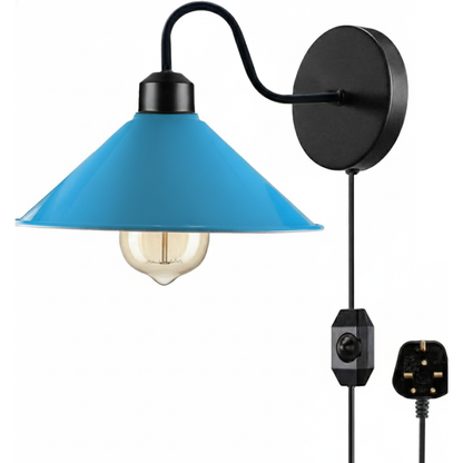 Industrial Swan Neck Wall Light Black with Shade – Flat, Small, Vintage Shades - Black, Flat Cone 22 cm Blue, Plug-in, 2 m Dimmer Cord, Without Bulb