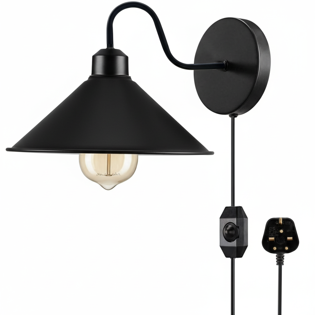 Industrial Swan Neck Wall Light Black with Shade – Flat, Small, Vintage Shades - Black, Flat Cone 22 cm Black, Plug-in, 2 m Dimmer Cord, Without Bulb
