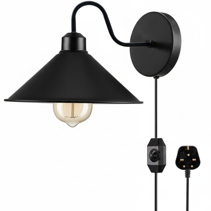 Industrial Swan Neck Wall Light Black with Shade – Flat, Small, Vintage Shades - Black, Flat Cone 22 cm Black, Plug-in, 2 m Dimmer Cord, Without Bulb