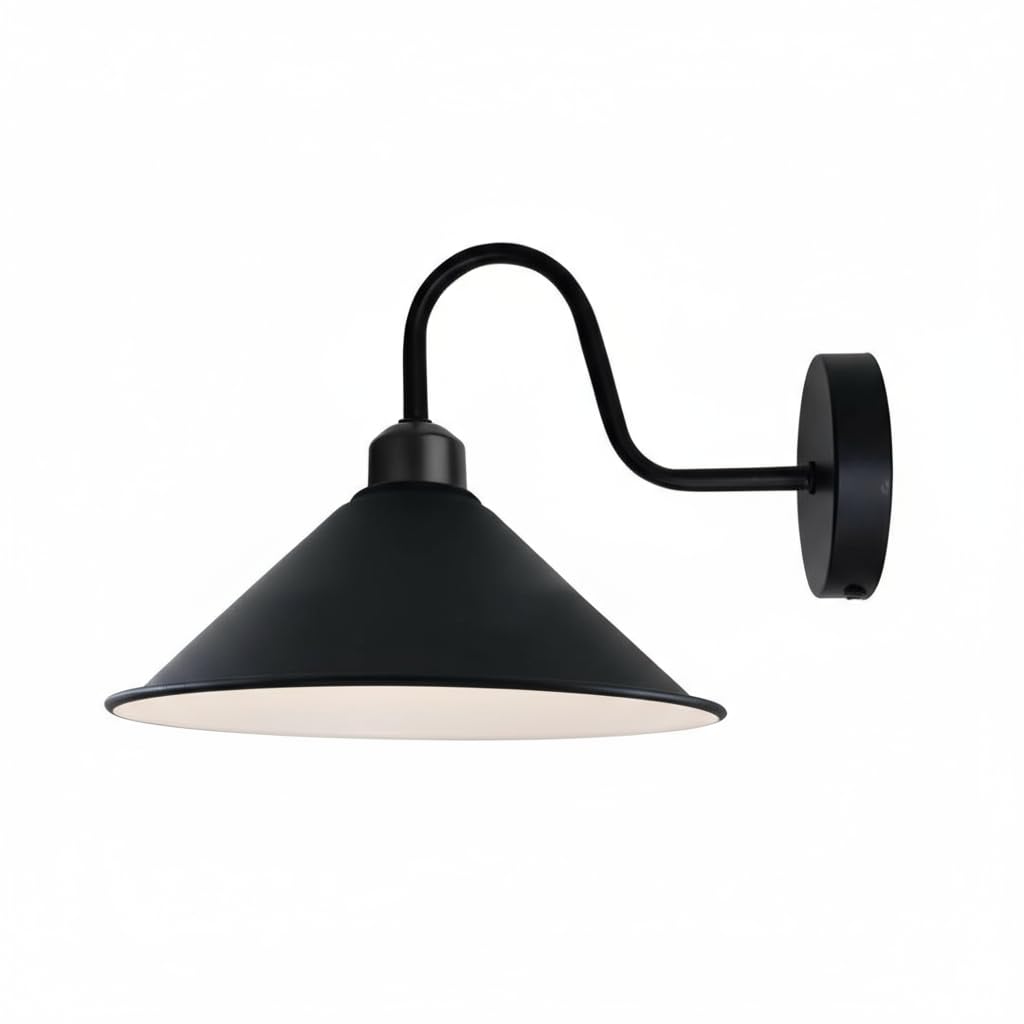 Industrial Swan Neck Wall Light Black with Shade – Flat, Small, Vintage Shades - Black, Flat Cone 22 cm Black & White Inner, Without Bulb