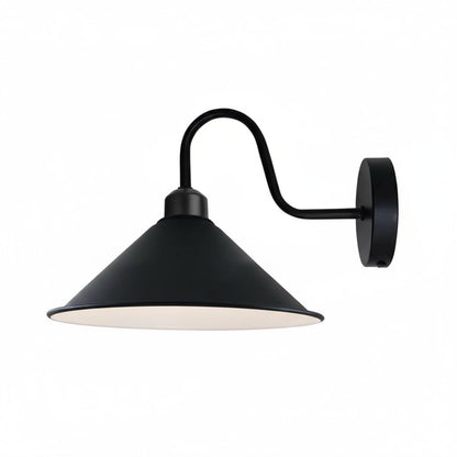 Industrial Swan Neck Wall Light Black with Shade – Flat, Small, Vintage Shades - Black, Flat Cone 22 cm Black & White Inner, Without Bulb