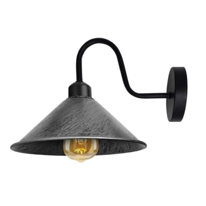 Industrial Swan Neck Wall Light Black with Shade – Flat, Small, Vintage Shades - Black, Flat Cone 22 cm Brushed Silver, Without Bulb