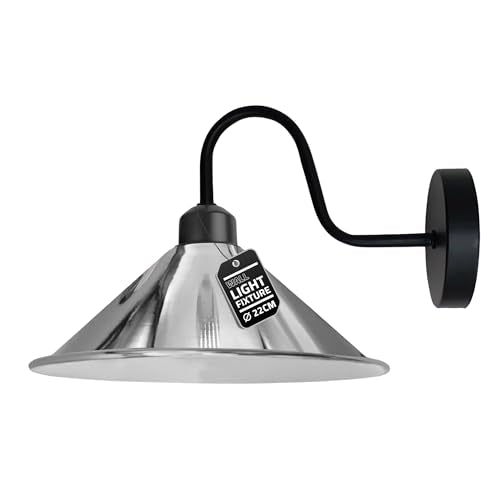 Industrial Swan Neck Wall Light Black with Shade – Flat, Small, Vintage Shades - Black, Flat Cone 22 cm Chrome, Without Bulb