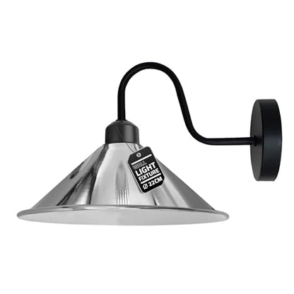 Industrial Swan Neck Wall Light Black with Shade – Flat, Small, Vintage Shades - Black, Flat Cone 22 cm Chrome, Without Bulb