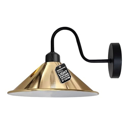 Industrial Swan Neck Wall Light Black with Shade – Flat, Small, Vintage Shades - Black, Flat Cone 22 cm French Gold, Without Bulb