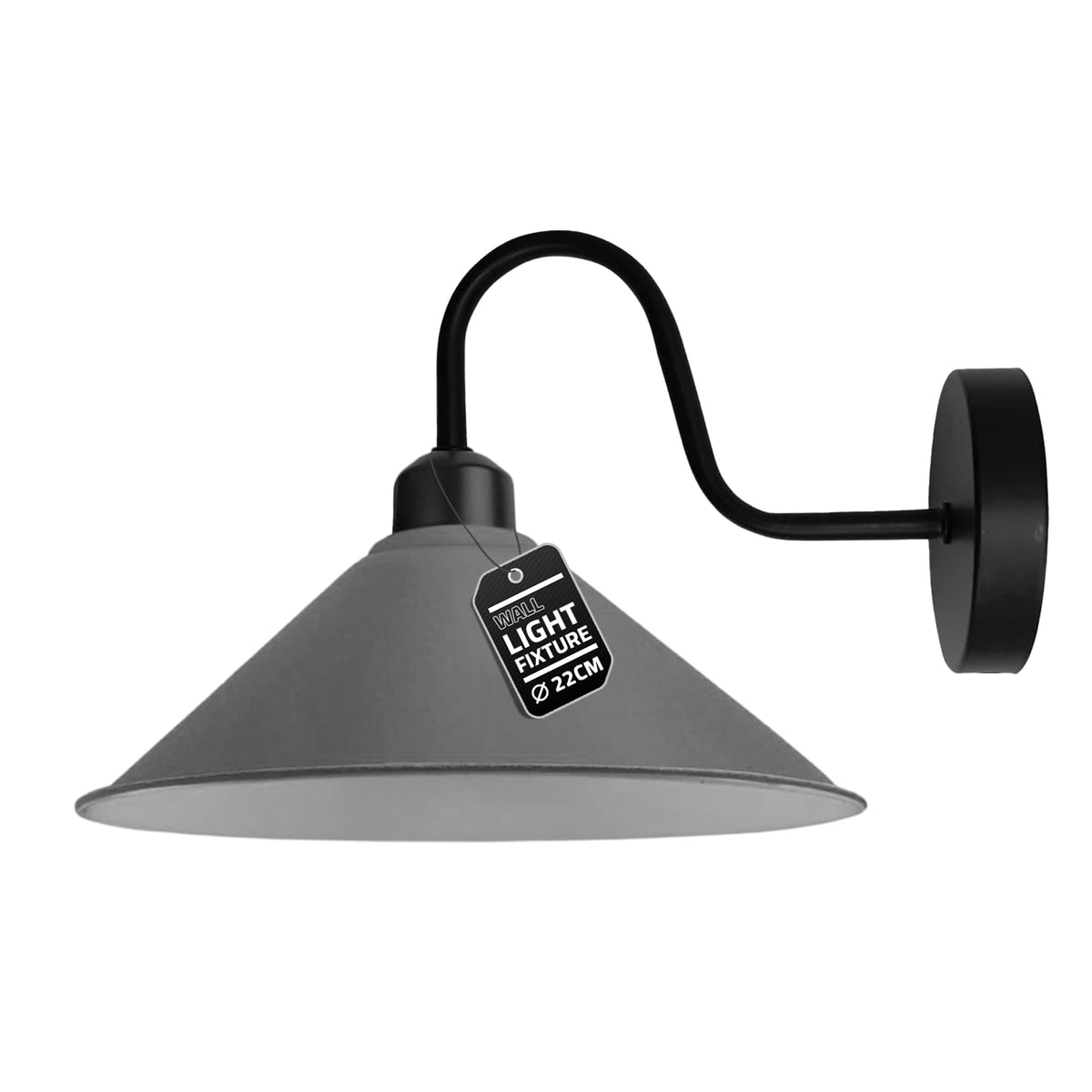Industrial Swan Neck Wall Light Black with Shade – Flat, Small, Vintage Shades - Black, Flat Cone 22 cm Grey, Hardwired, Without Bulb