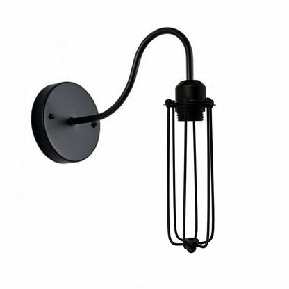 Industrial Swan Neck Wall Light Black with Shade – Flat, Small, Vintage Shades - Black, Long Cage Black, Without Bulb