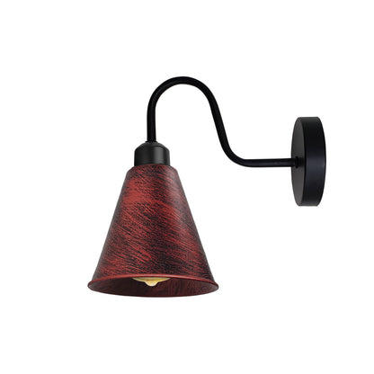 Industrial Swan Neck Wall Light Black with Shade – Flat, Small, Vintage Shades - Black, Long Cone 18 cm Rustic Red, Without Bulb