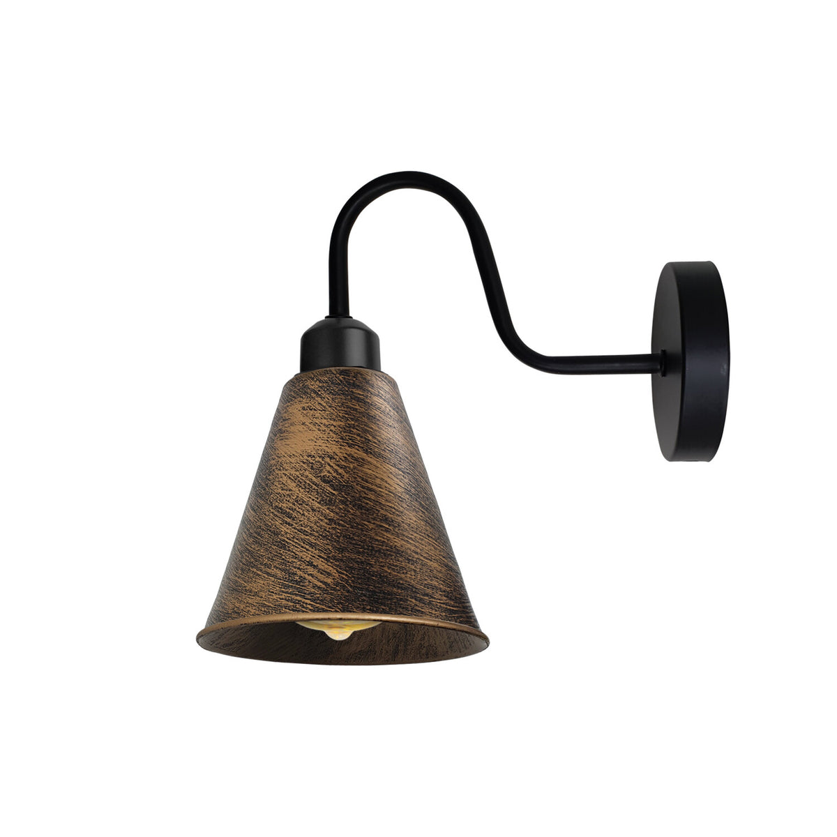 Industrial Swan Neck Wall Light Black with Shade – Flat, Small, Vintage Shades - Black, Long Cone 18 cm Brushed Copper, Without Bulb