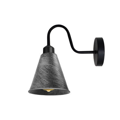 Industrial Swan Neck Wall Light Black with Shade – Flat, Small, Vintage Shades - Black, Long Cone 18 cm Brushed Silver, Without Bulb