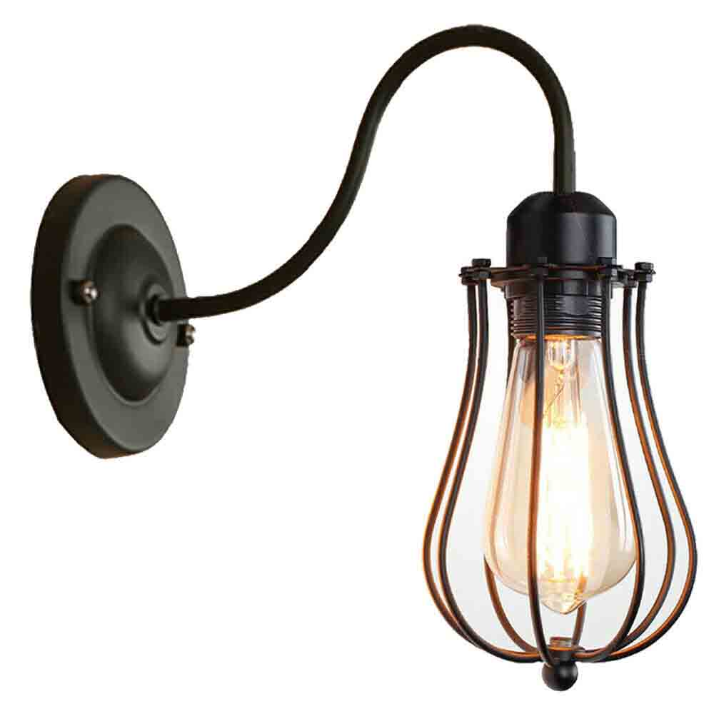 Industrial Swan Neck Wall Light Black with Shade – Flat, Small, Vintage Shades - Black, Round Cage Black 108 mm Rose, Without Bulb