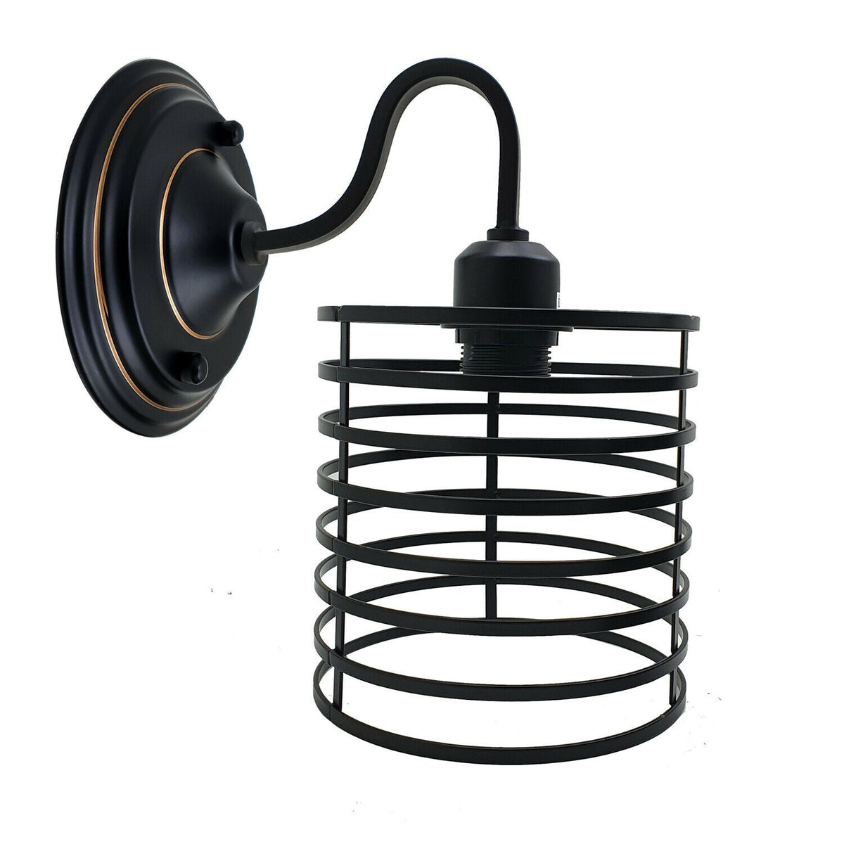 Industrial Swan Neck Wall Light Black with Shade – Flat, Small, Vintage Shades - Black, Round Cage Black 140 mm Rose, Without Bulb