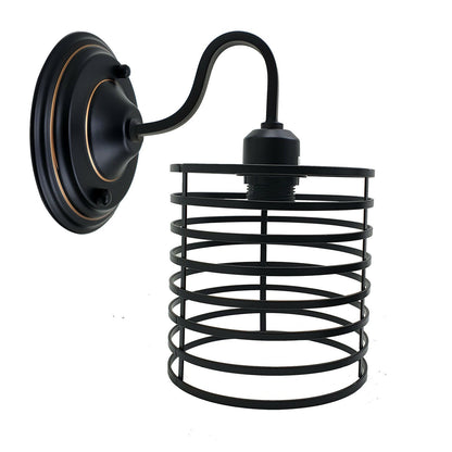 Industrial Swan Neck Wall Light Black with Shade – Flat, Small, Vintage Shades - Black, Round Cage Black 140 mm Rose, Without Bulb