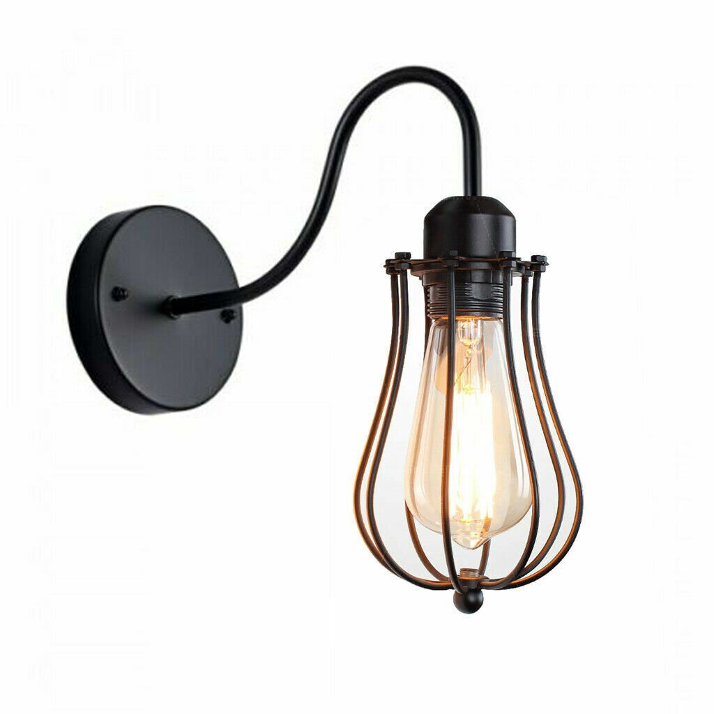 Industrial Swan Neck Wall Light Black with Shade – Flat, Small, Vintage Shades - Black, Round Cage Black, Without Bulb